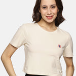 Women’s spandex crop top in beige – short-sleeve, breathable, and perfect for casual or active wear.