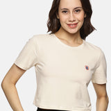 Women’s spandex crop top in beige – short-sleeve, breathable, and perfect for casual or active wear.