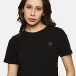 Black short-sleeve spandex crop top for women, designed for gym workouts and everyday wear.