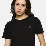 Black short-sleeve spandex crop top for women, designed for gym workouts and everyday wear.
