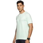 Side profile of the white slim-fit men's polyester t-shirt