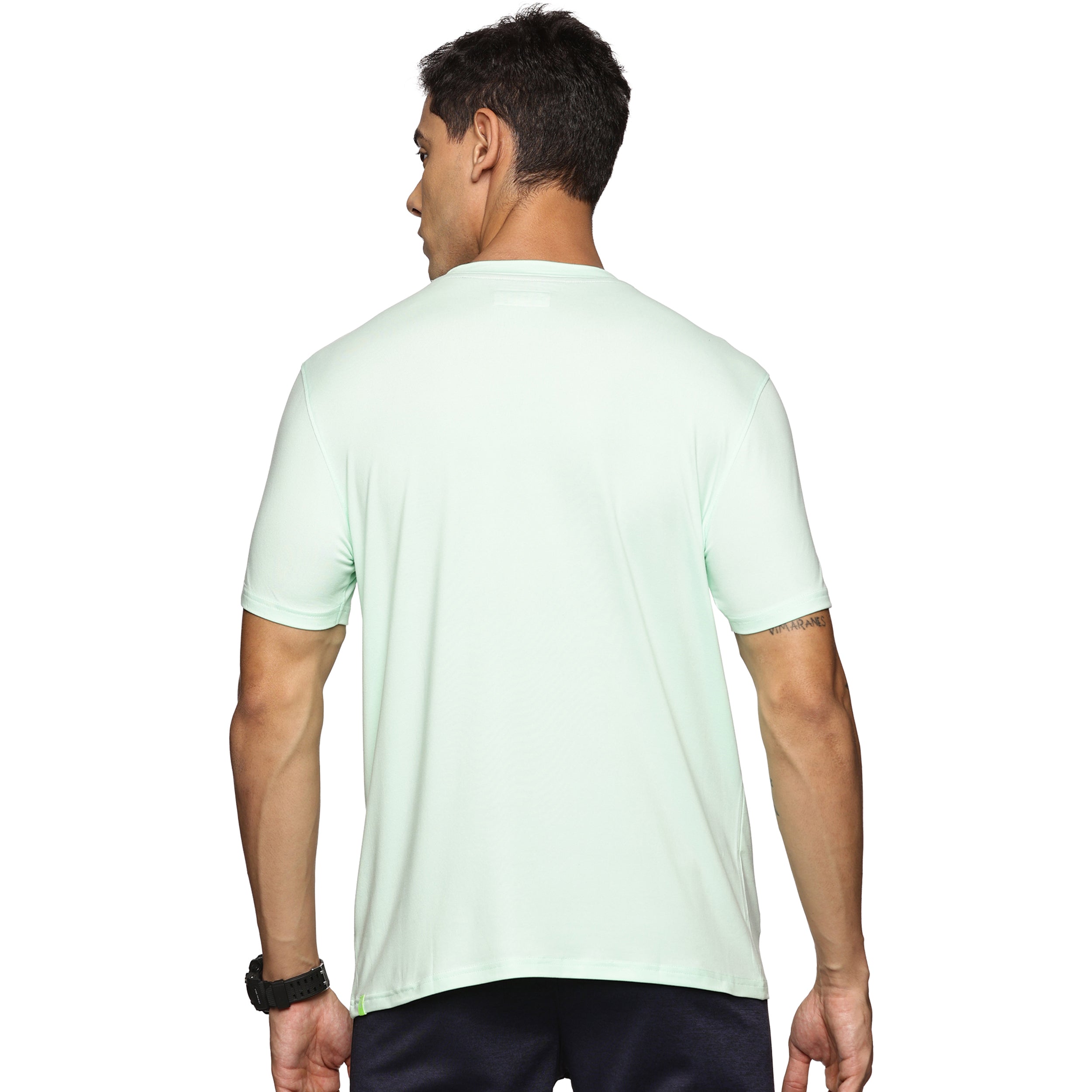 Back view of the white slim-fit men's polyester t-shirt