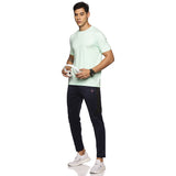 An image highlighting the half-sleeve length and seam details of the white, slim-fit men's t-shirt.