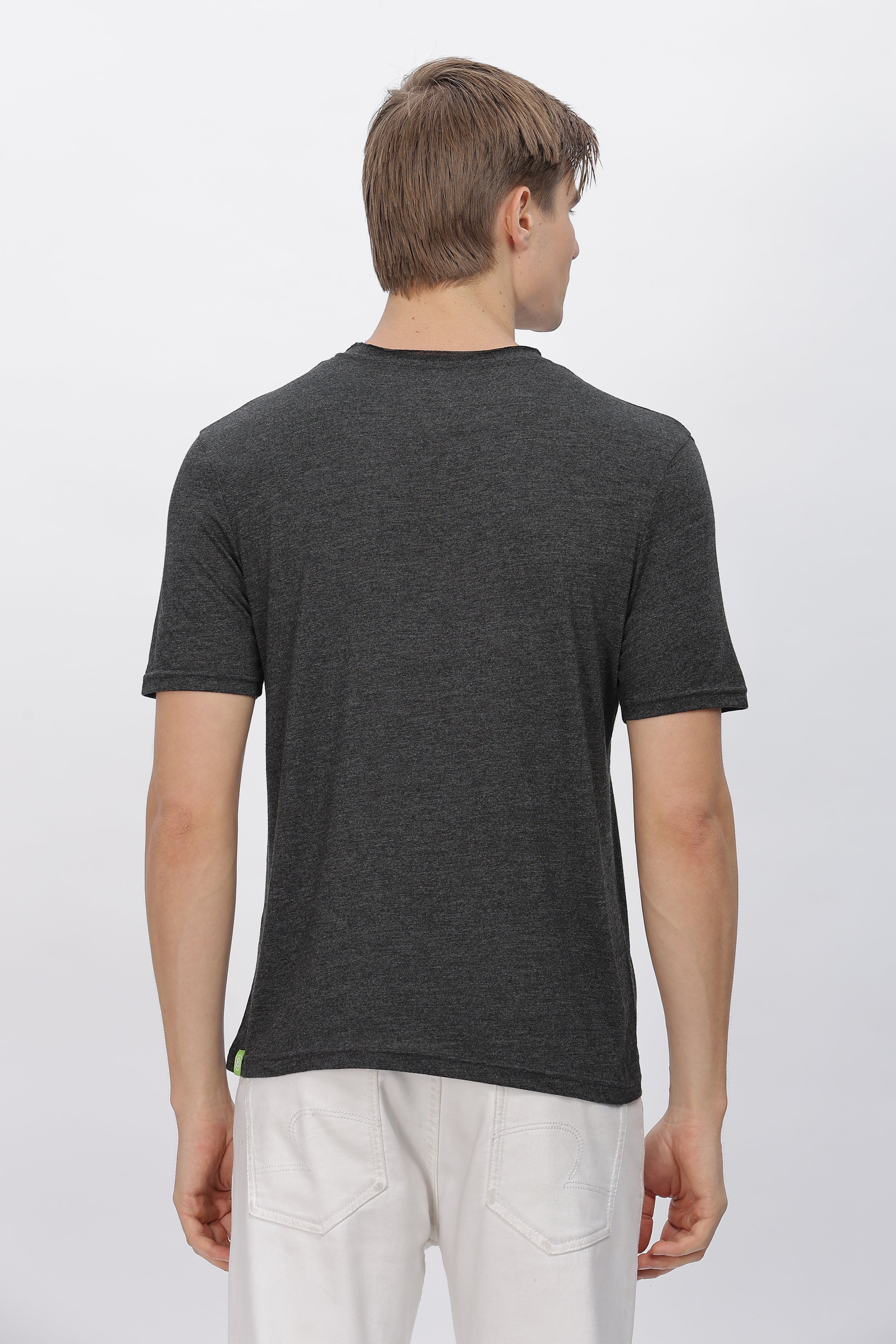 Side view of men's grey polyester shirt, designed for comfort and style.