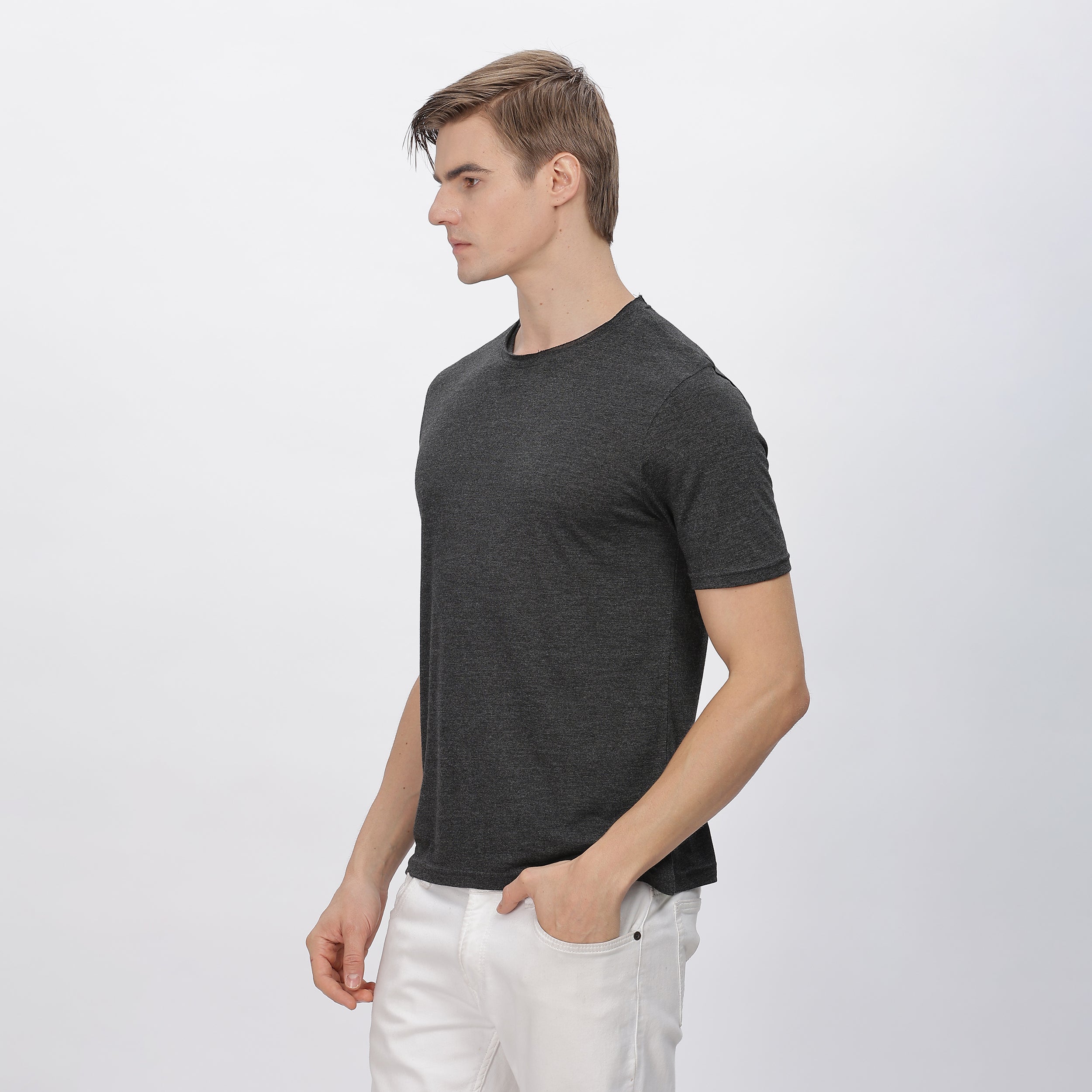 Front view of grey polyester shirt for men, featuring a sleek and modern fit.