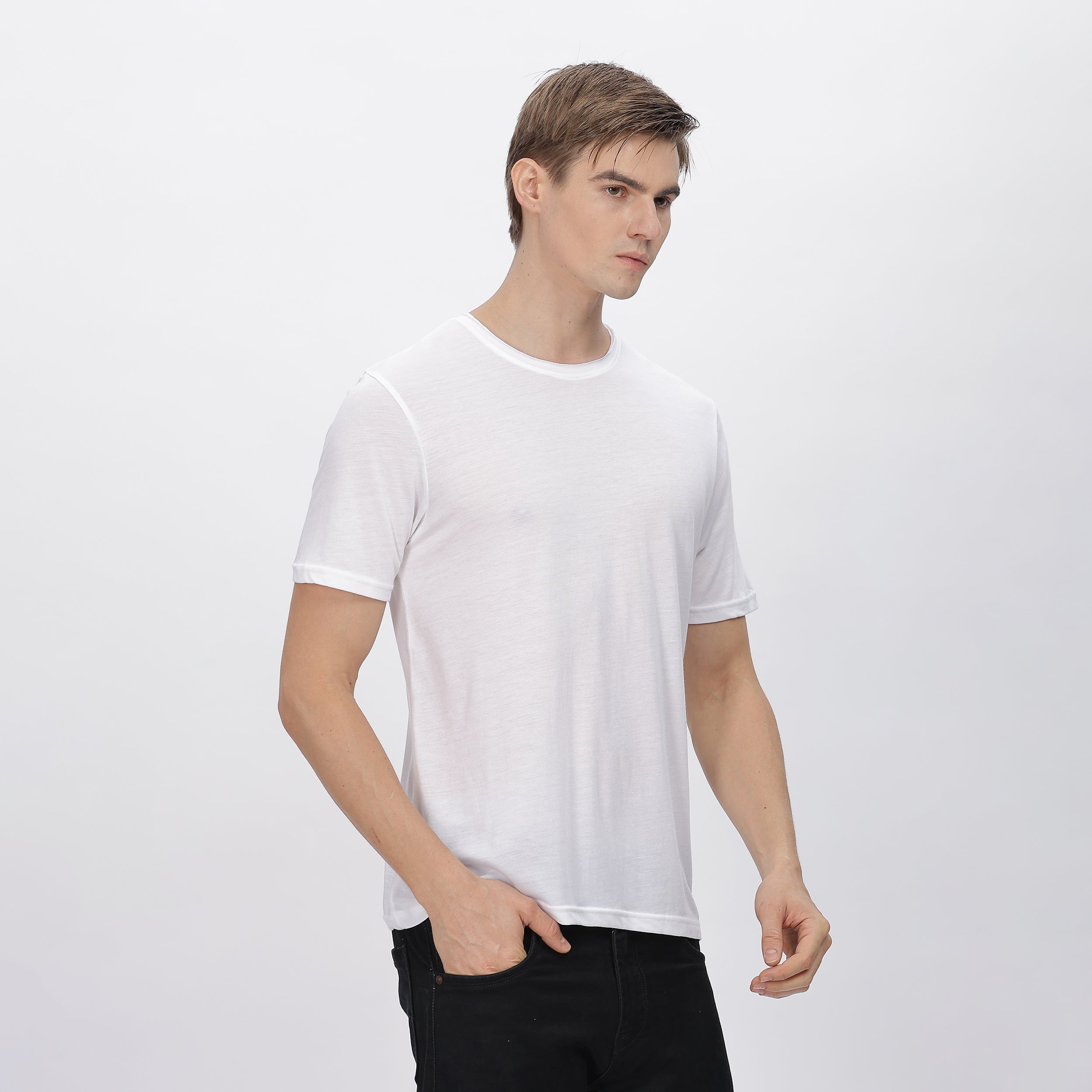 Right side view Men's tencil polyester White t-shirt – ultra-soft and smooth finish