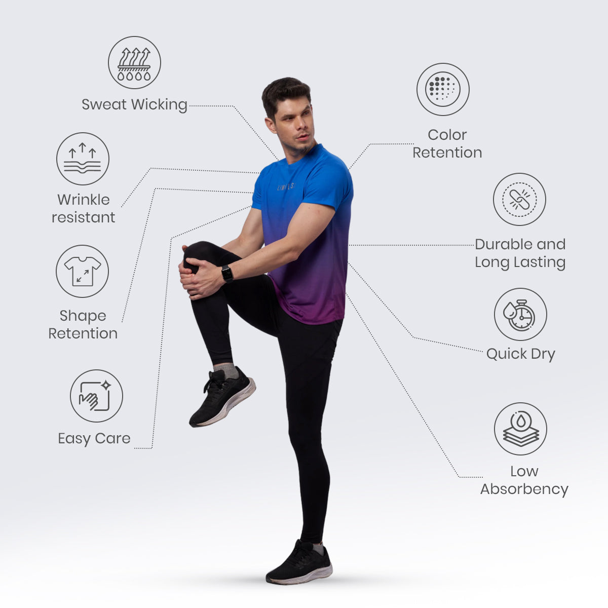 Model wearing blue men's digital print sports t-shirt during a workout.