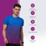 Detailed view of round neckline and stitching on blue training t-shirt.
