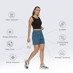 Detailed view of elastic waistband for a secure fit on women's shorts.