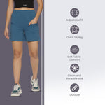 Detailed view of elastic waistband for a secure fit on women's shorts.