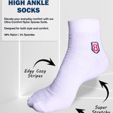 Close-up of white ankle high nylon socks showcasing soft fabric and durable elastic band.