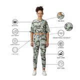 Close-up of camouflage fabric texture and stitching details on the tracksuit.