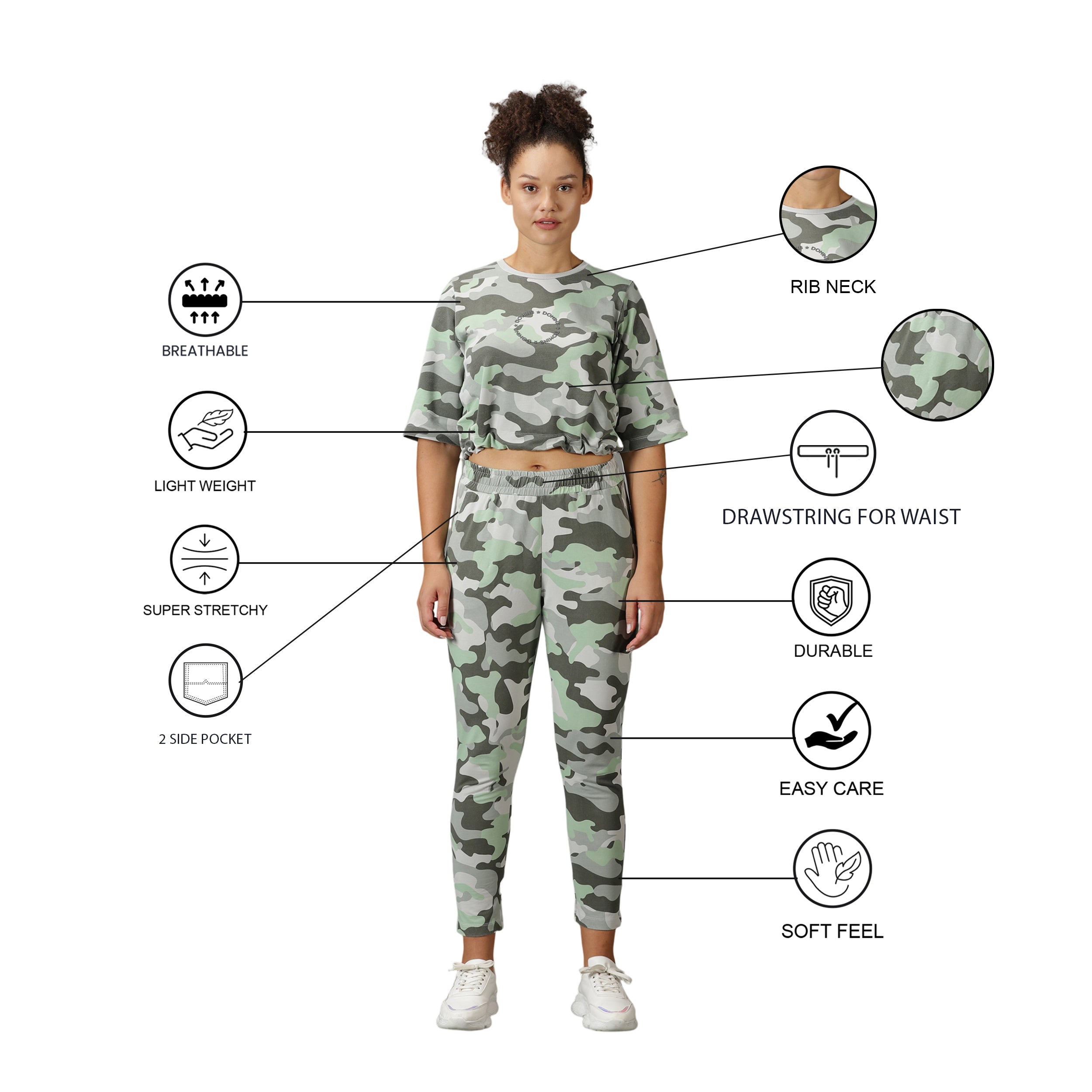 Close-up of camouflage fabric texture and stitching details on the tracksuit.