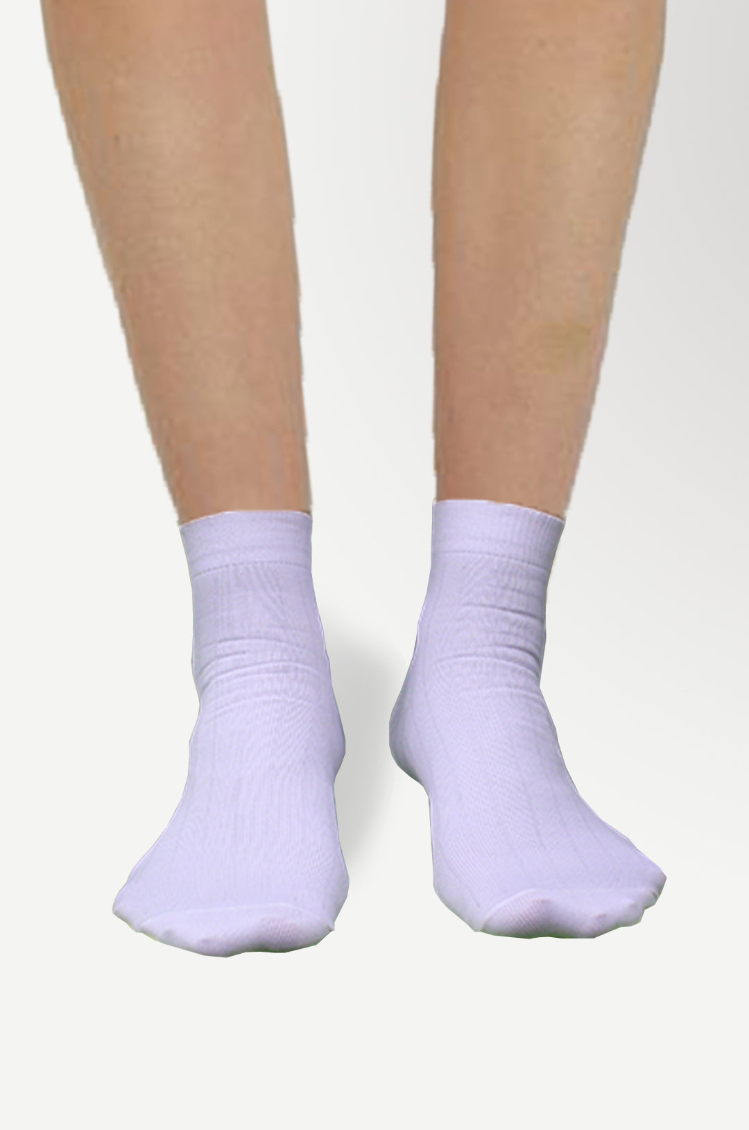 Side view of ankle high nylon white socks, highlighting snug fit and stretchable material.