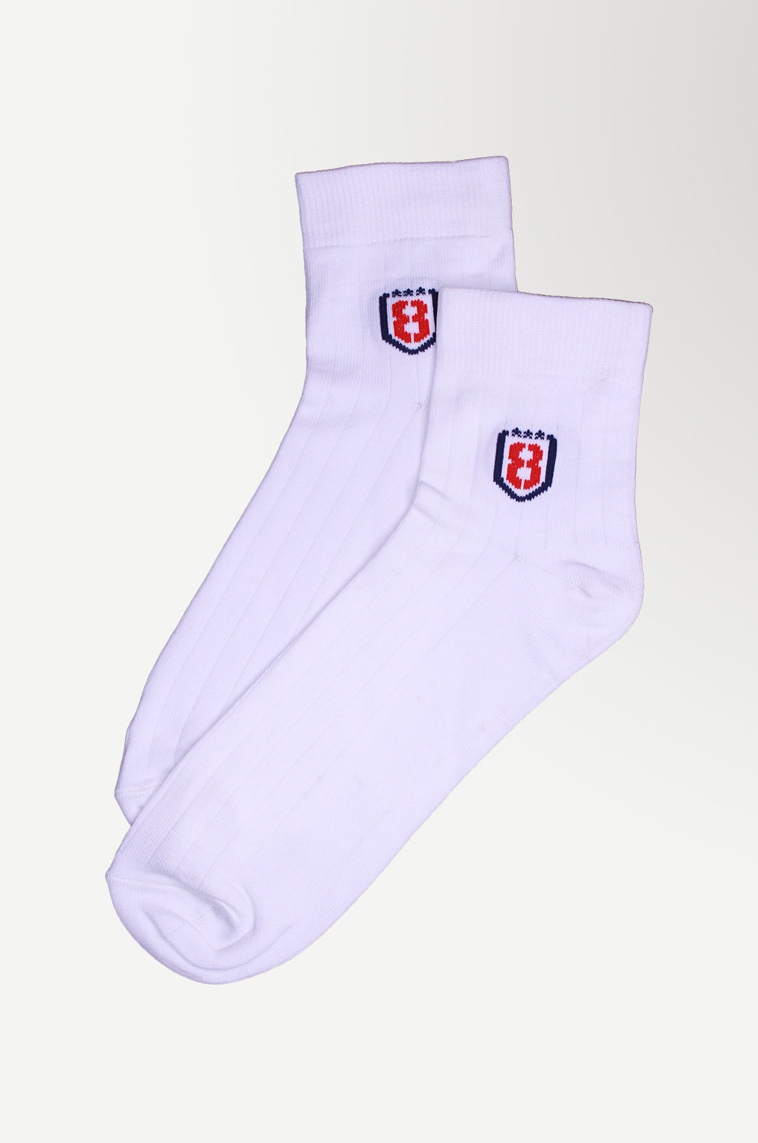 Folded pair of ankle high nylon white socks, showing premium quality and reinforced stitching.