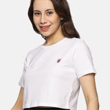 women’s spandex crop top in white, displaying fabric softness and durability.