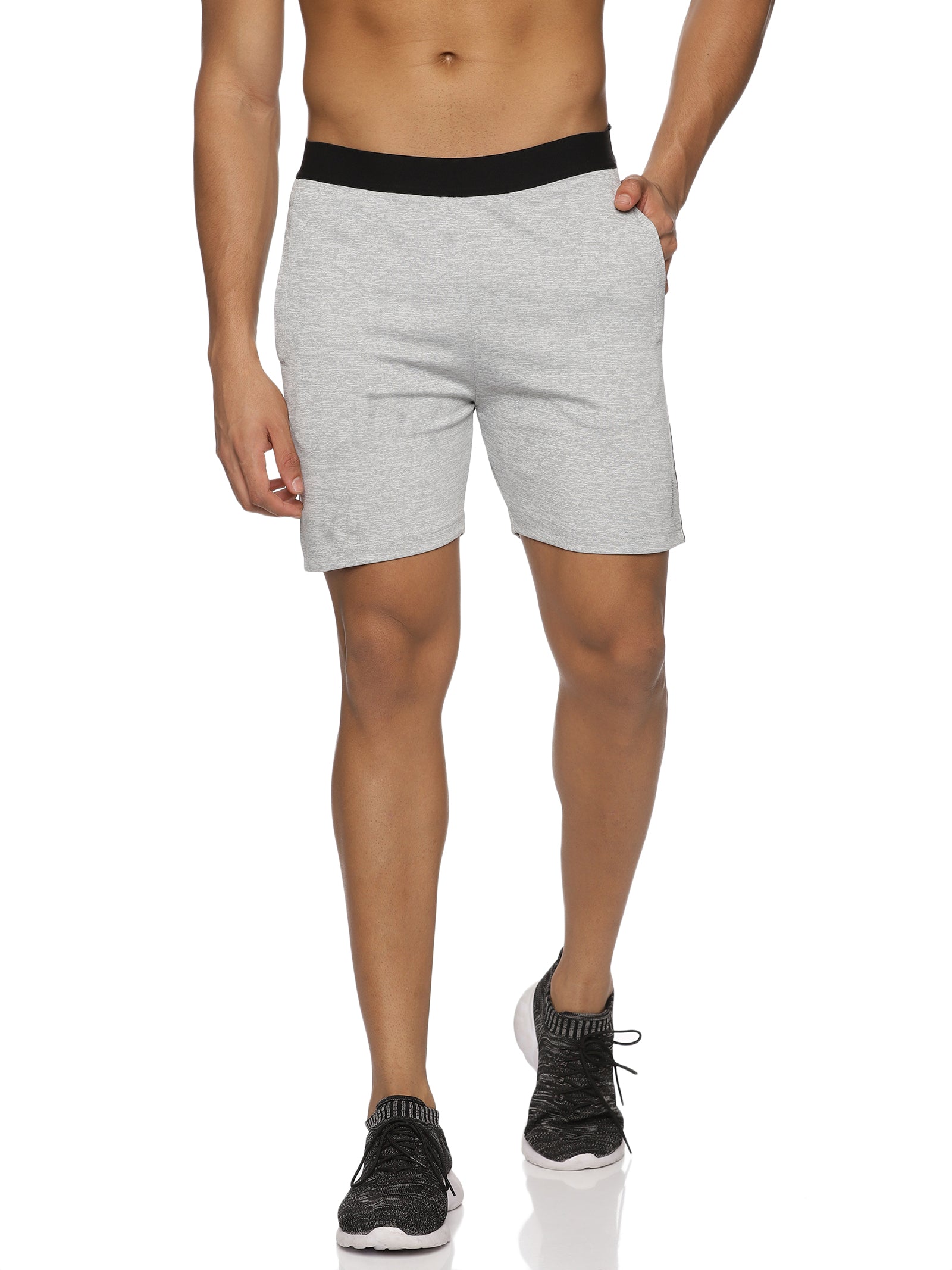 Detailed view of elastic waistband for a secure fit on men's gym shorts.