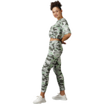 Side profile of women's camo tracksuit with a comfortable boxy fit.