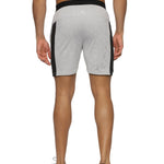Close-up of side slit design on men's grey gym shorts for flexibility.