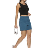 Detailed view of elastic waistband for a secure fit on women's shorts.