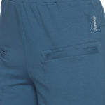 Close-up of breathable fabric and stitching on grey training shorts.