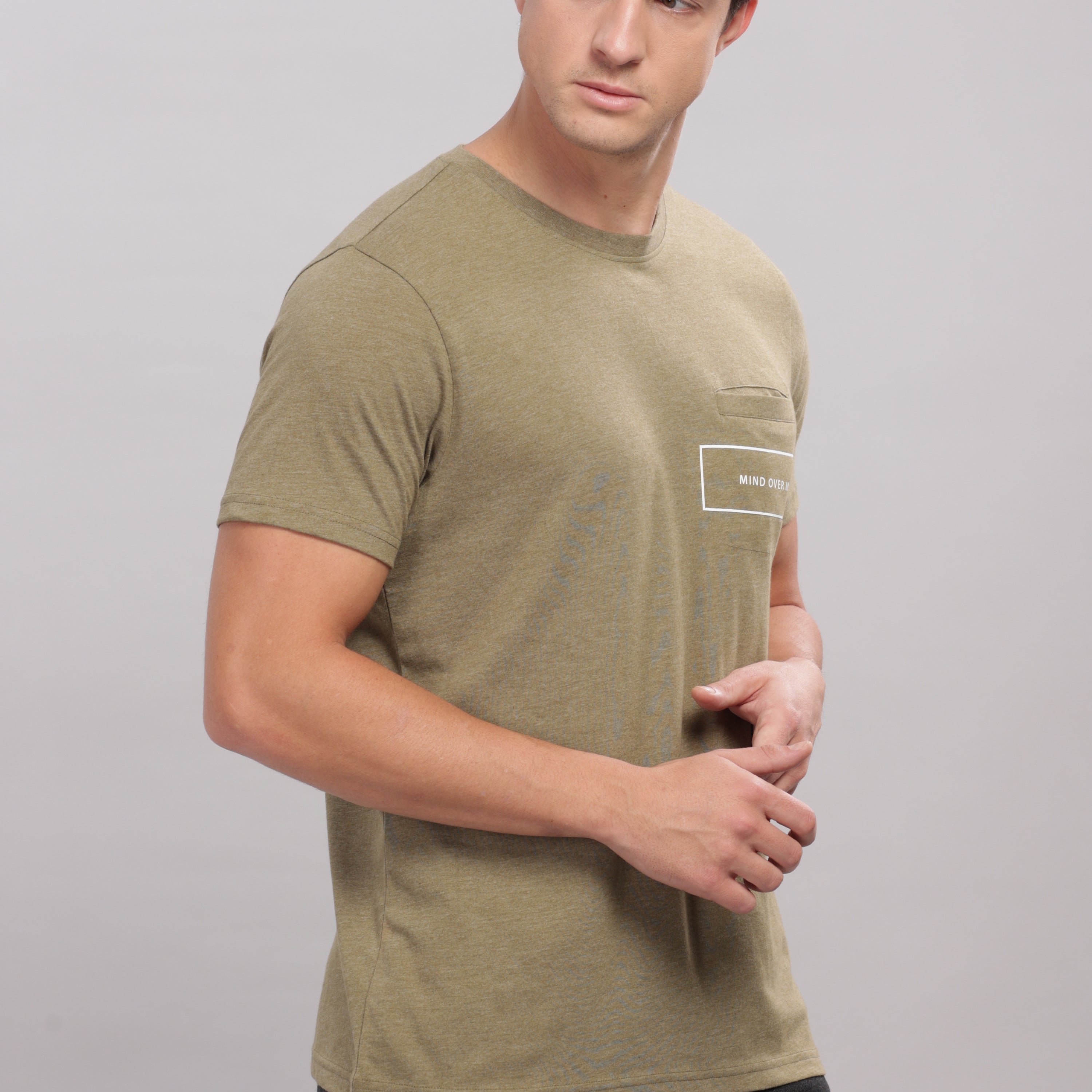 Men's Super Stylish Organic Cotton T Shirt With Printed Chest Pocket - Domin8 (Moss Green)