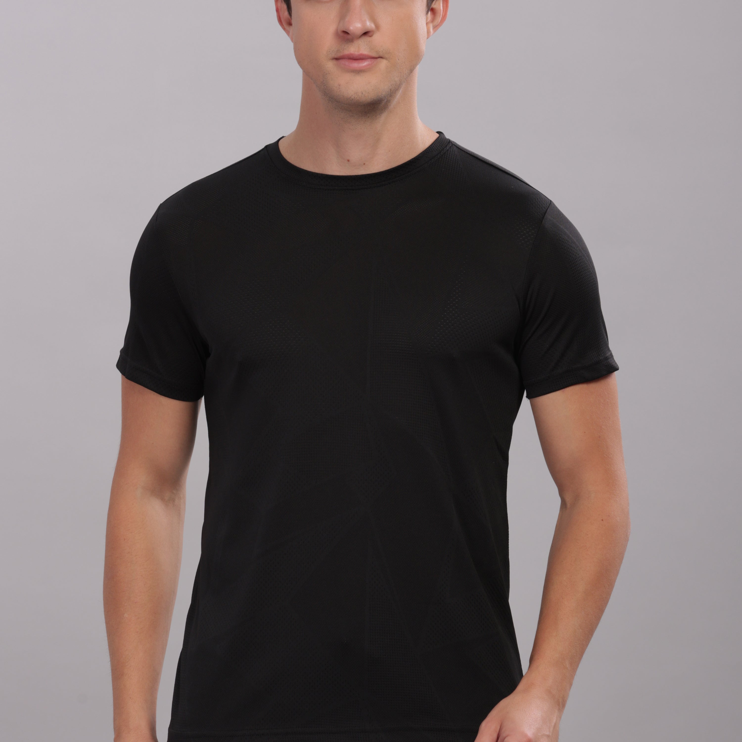 Men's Round Neck Super Smooth Self Design Wrinkle Resistant T shirt- Domin8 (BLACK)