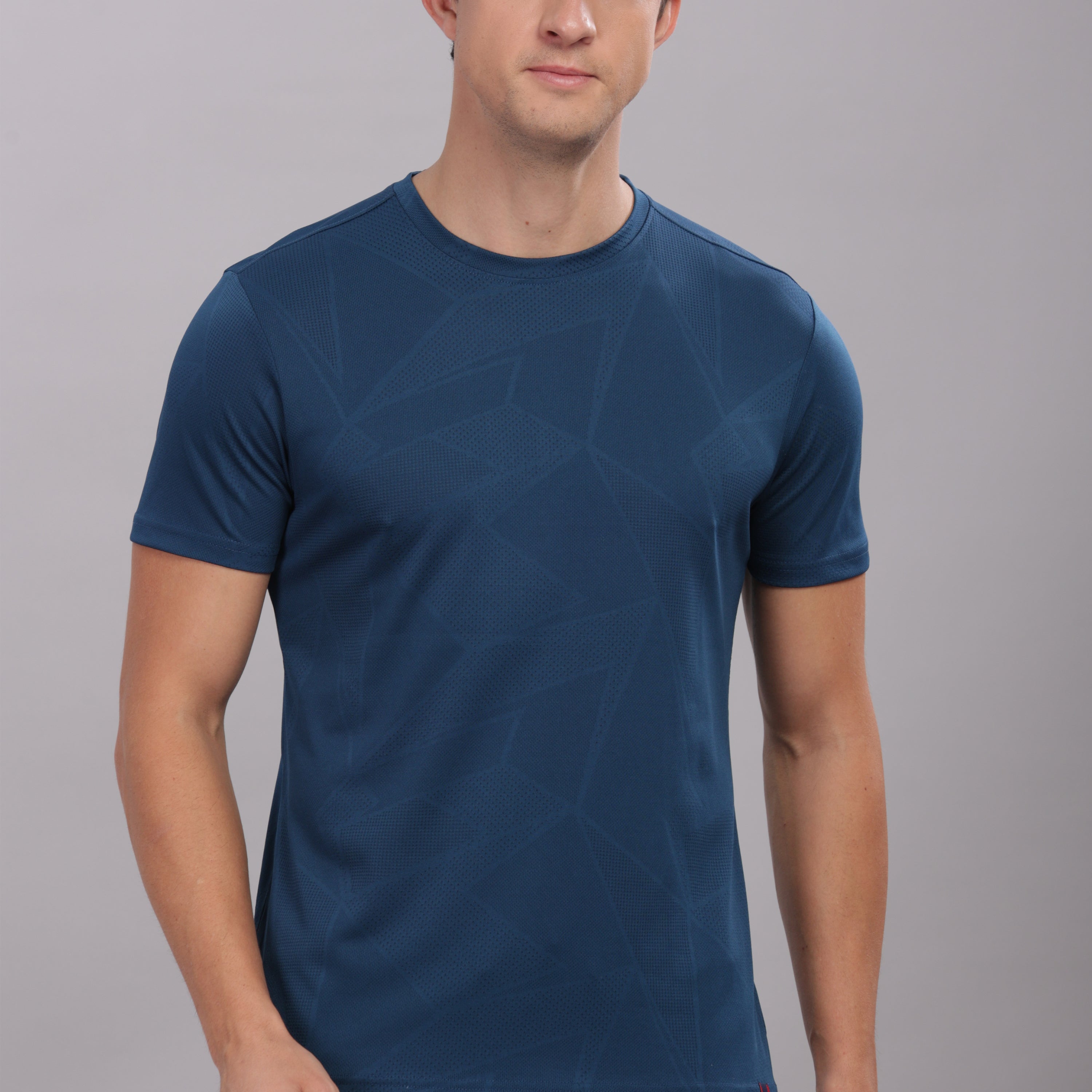 Men's Round Neck Super Smooth Self Design Wrinkle Resistant T shirt- Domin8 (BLUE)