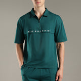 Dropped Shoulder Half-Zip Polo T Shirt with minimal graphic print