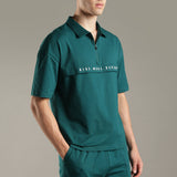 Dropped Shoulder Half-Zip Polo T Shirt with minimal graphic print
