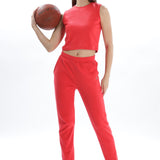 Womens Cotton Crop Top and Draw String Side Pocket Jogger ( Brick Red)