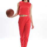 Womens Cotton Crop Top and Draw String Side Pocket Jogger ( Brick Red)