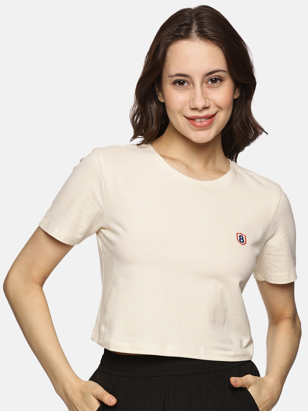 Women’s spandex crop top in beige – short-sleeve, breathable, and perfect for casual or active wear.