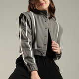 Women's Snap Button Crop Jacket with Elastic Drawstring