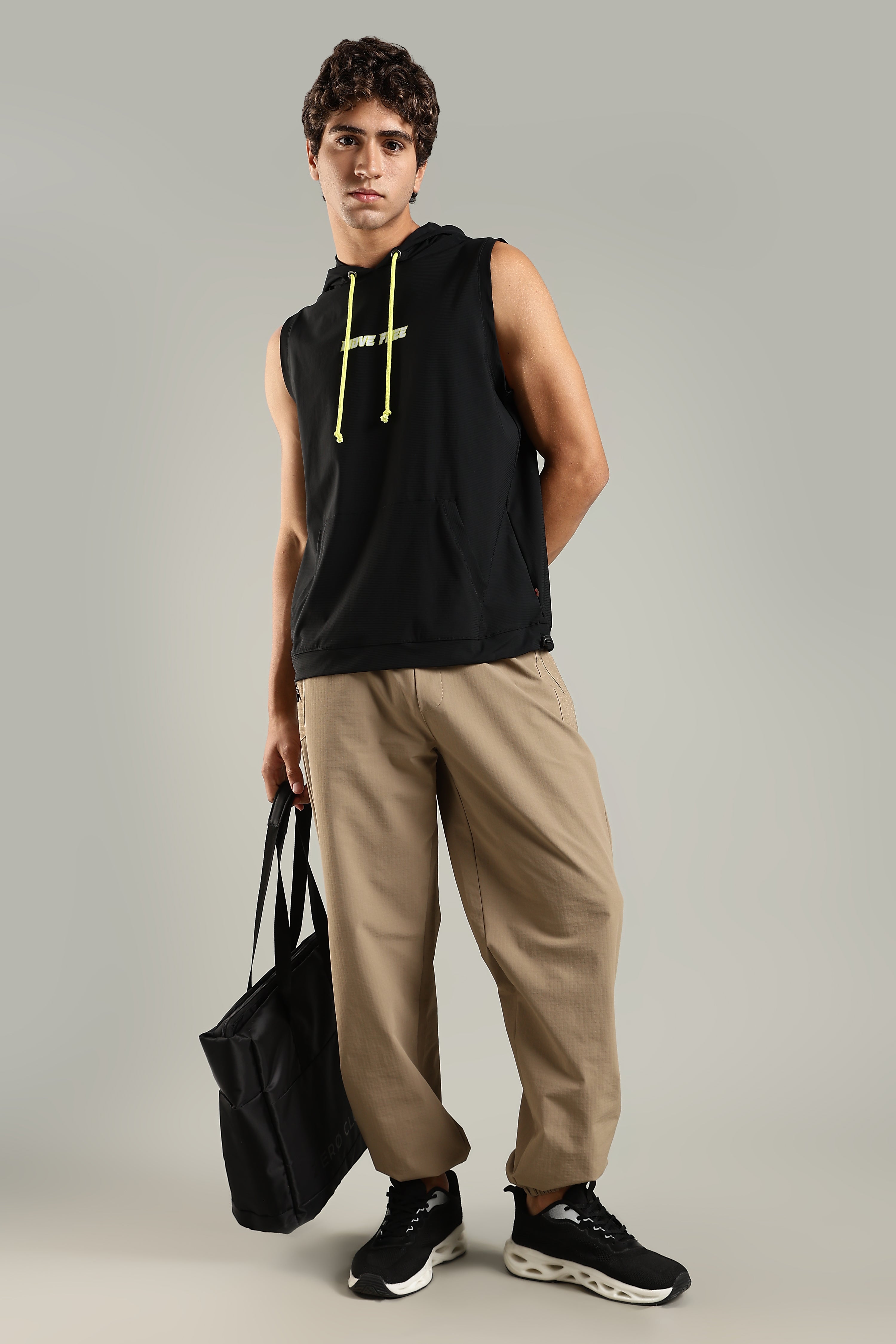 Men's Sleeveless Hoodie with Kangaroo Pocket & Neon Drawstring