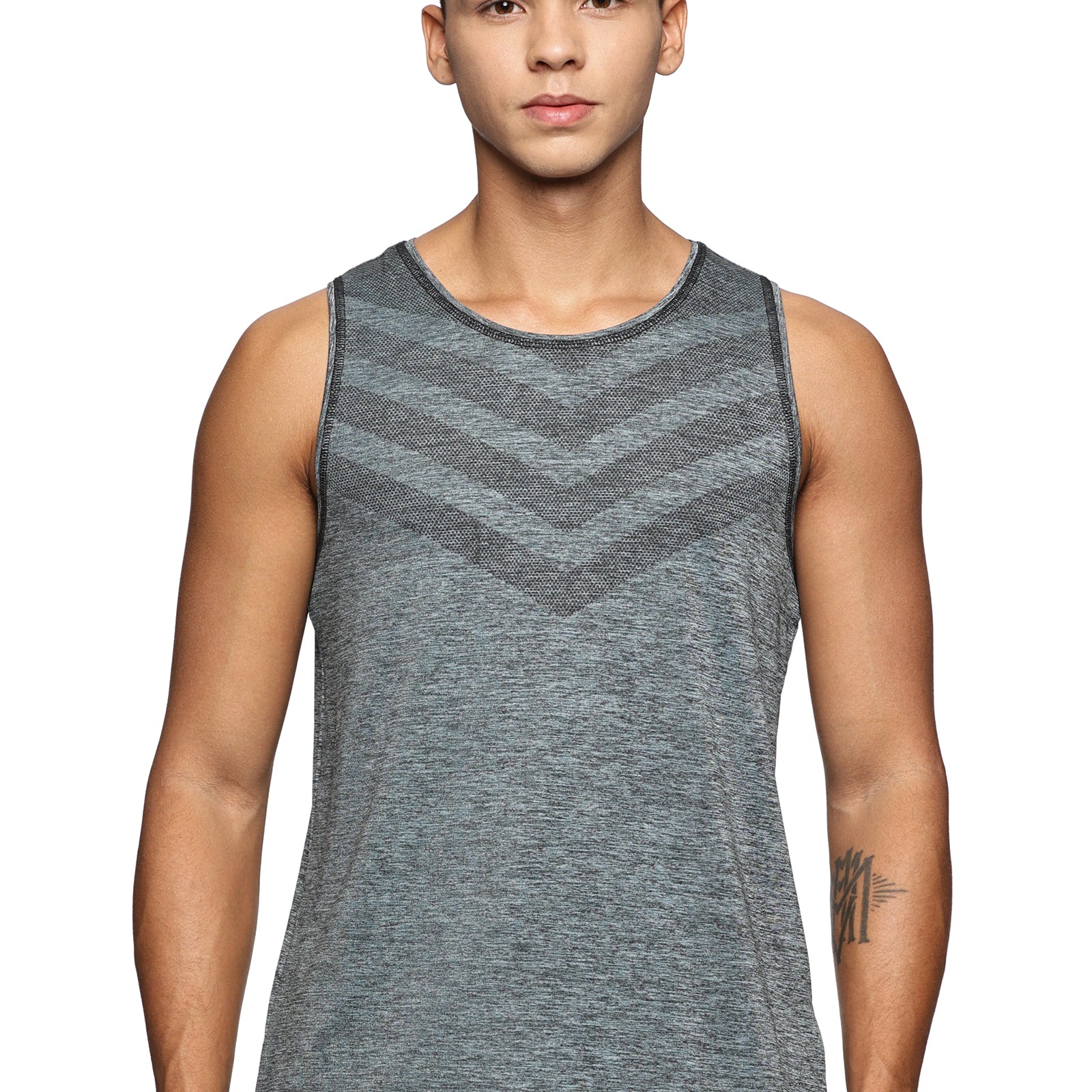 Men Slim Fit Round Neck Sleeveless Tank Top With arrow print at chest (Navy Blue)