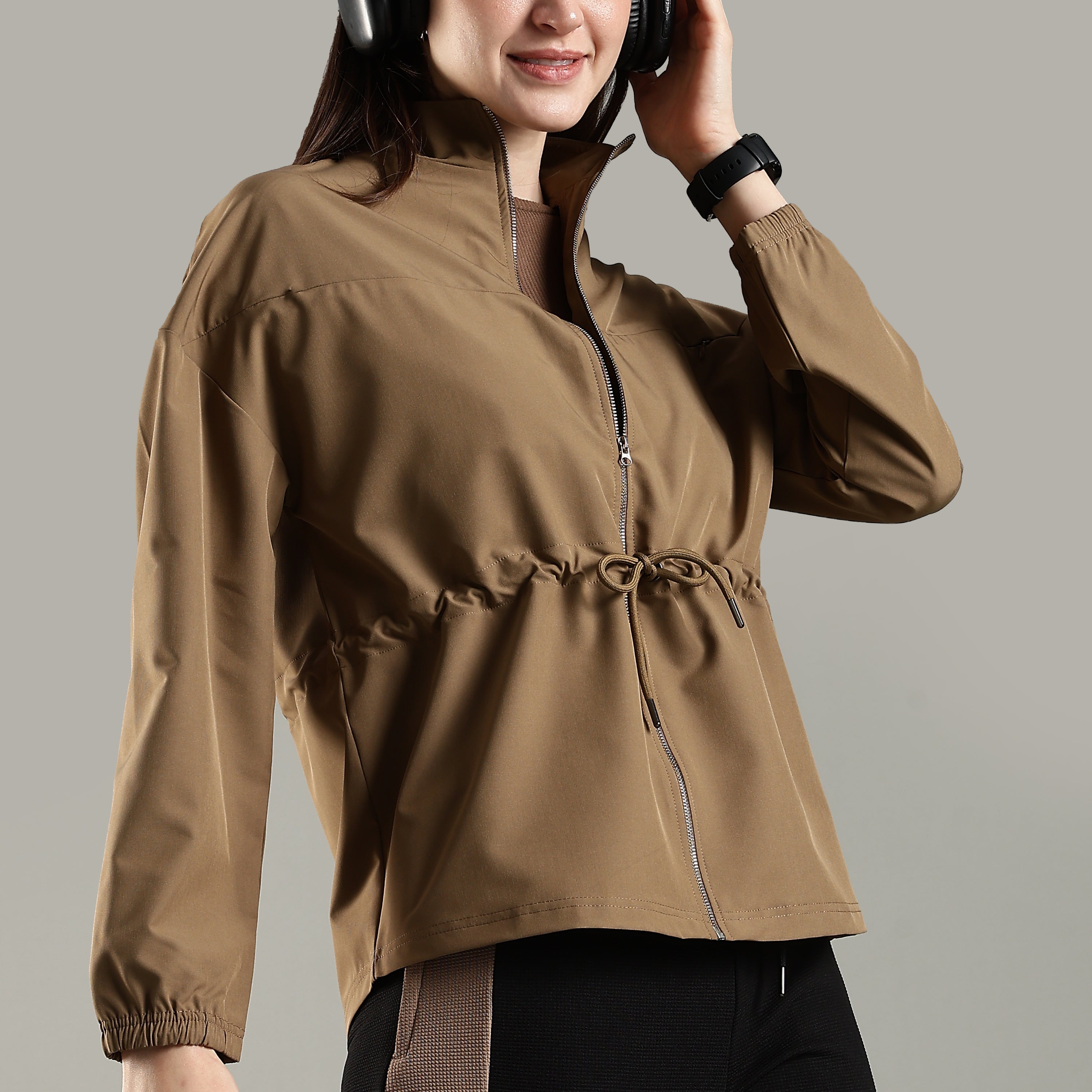 Women's Woven Jacket with High V-Neck & Zipper Opening