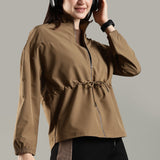 Women's Woven Jacket with High V-Neck & Zipper Opening