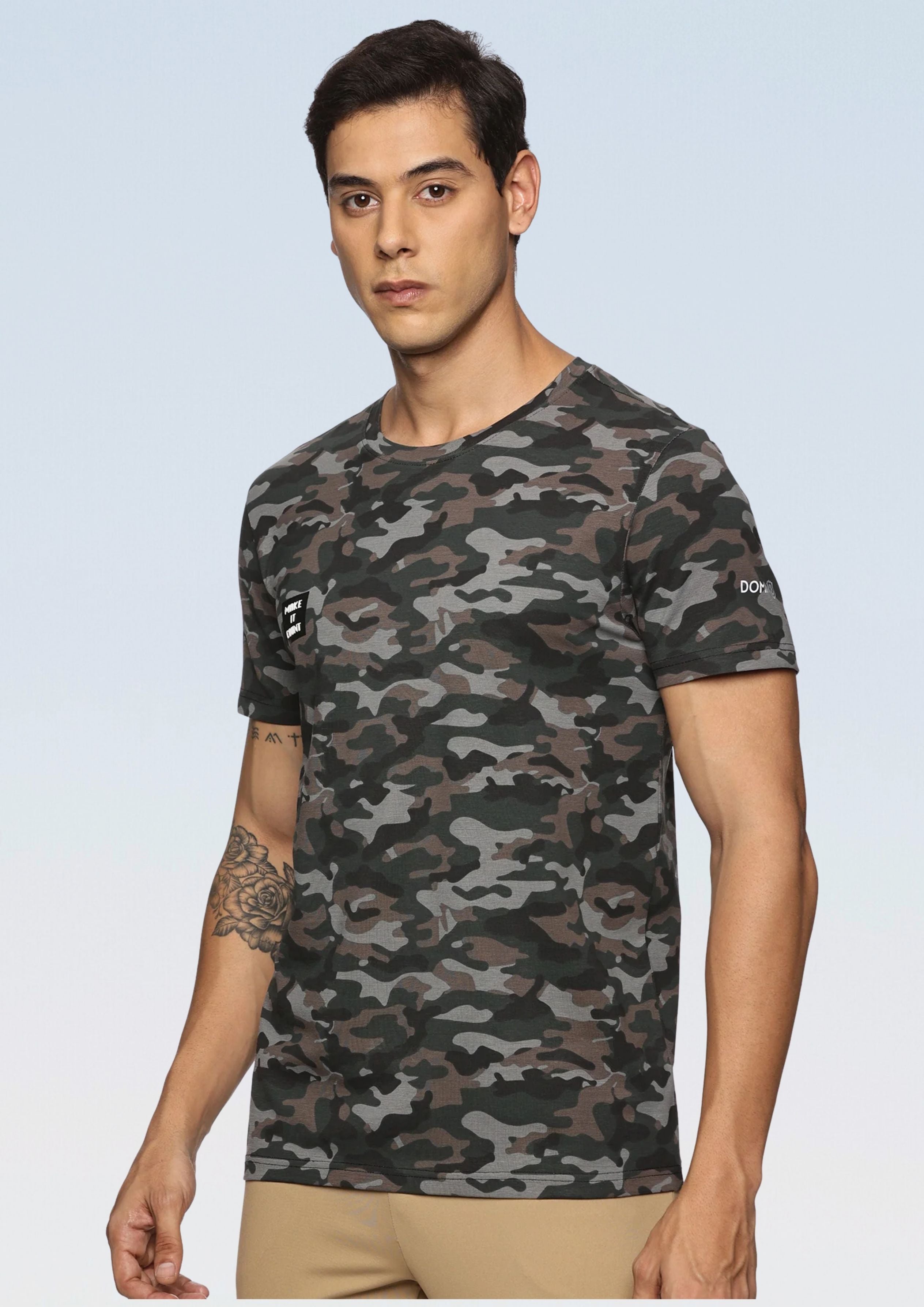 Men's Cotton Regular Fit Round Neck Camouflage Black Sports T-Shirt