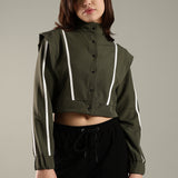 Women's Snap Button Crop Jacket with Elastic Drawstring