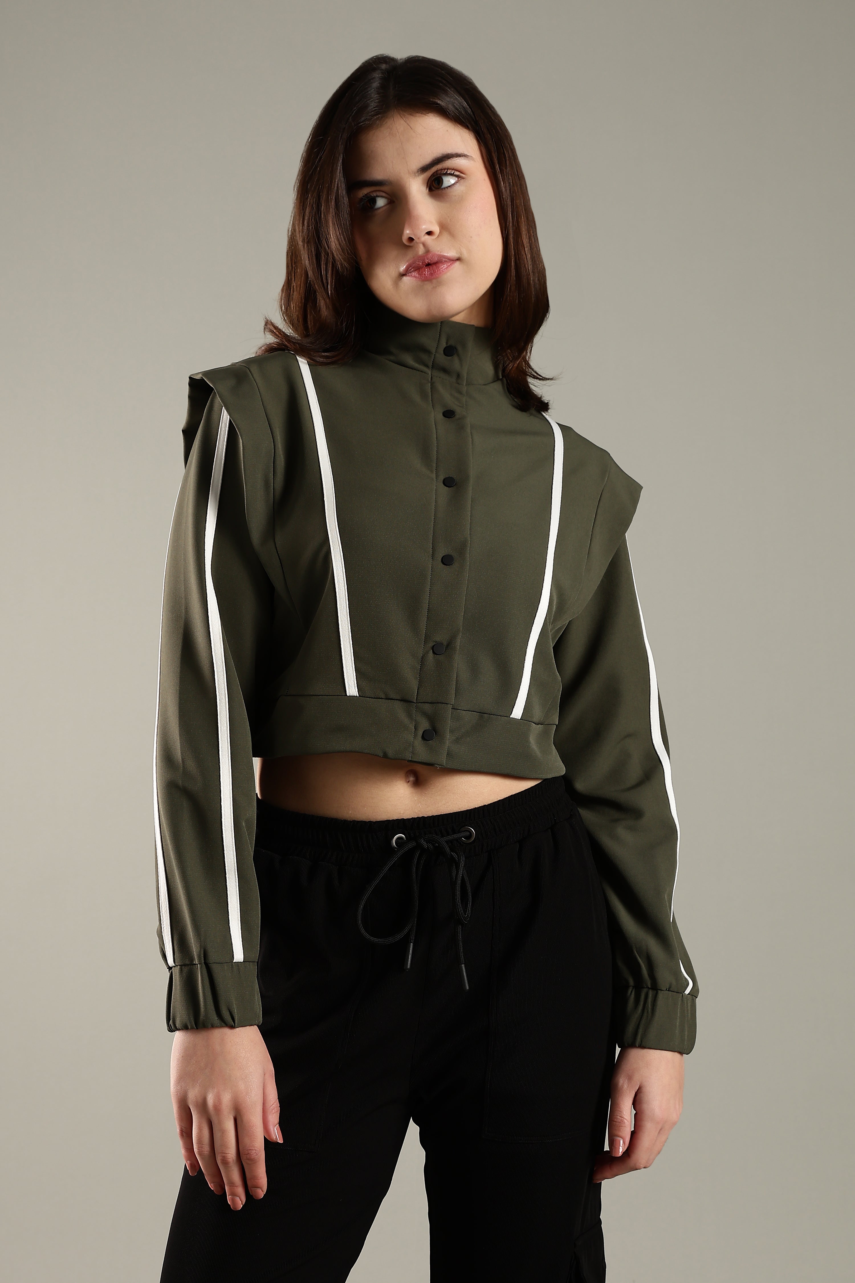 Women's Snap Button Crop Jacket with Elastic Drawstring