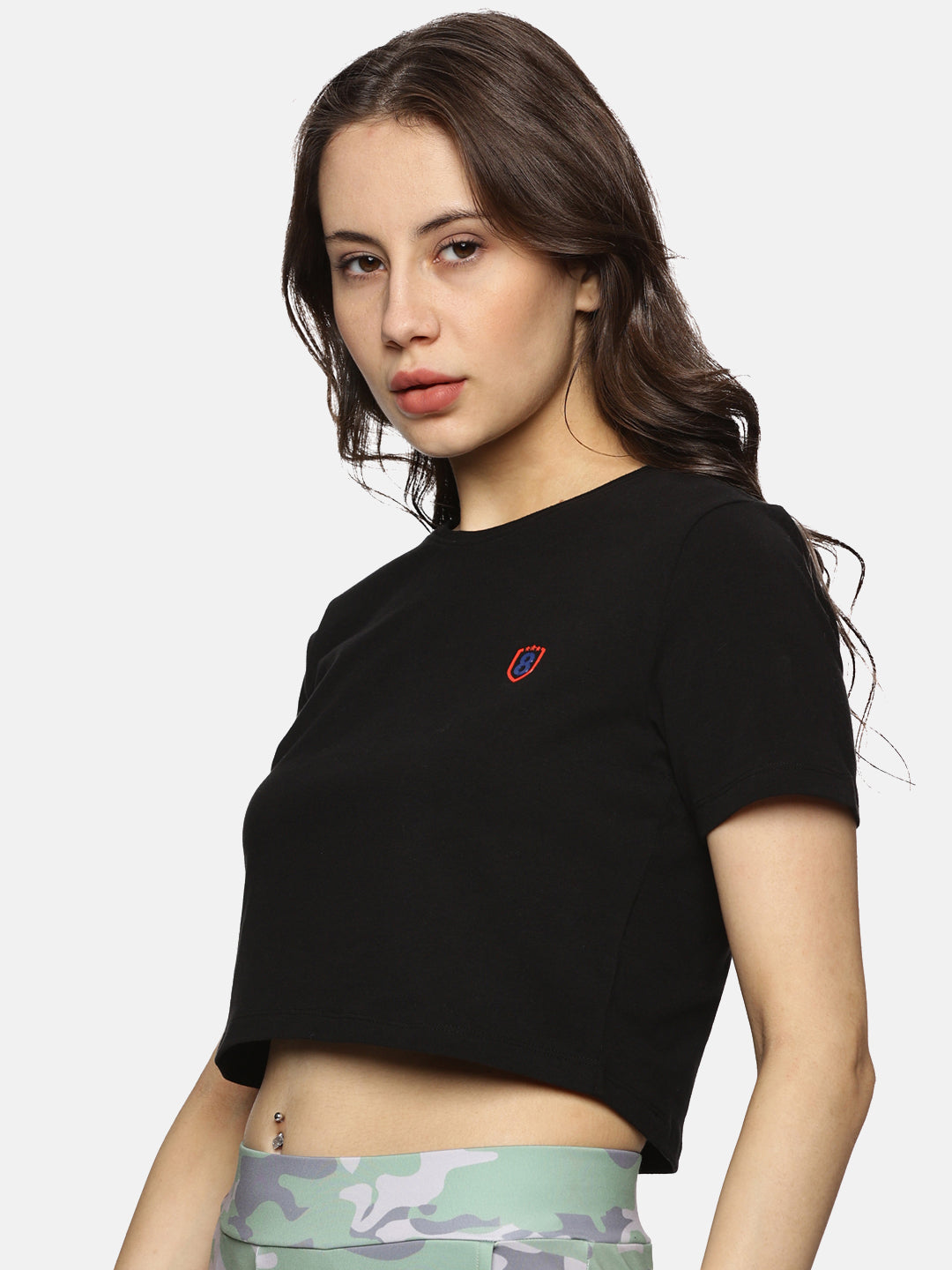 Black cotton spandex short-sleeve crop top – soft, stretchable, and perfect for casual or active wear.