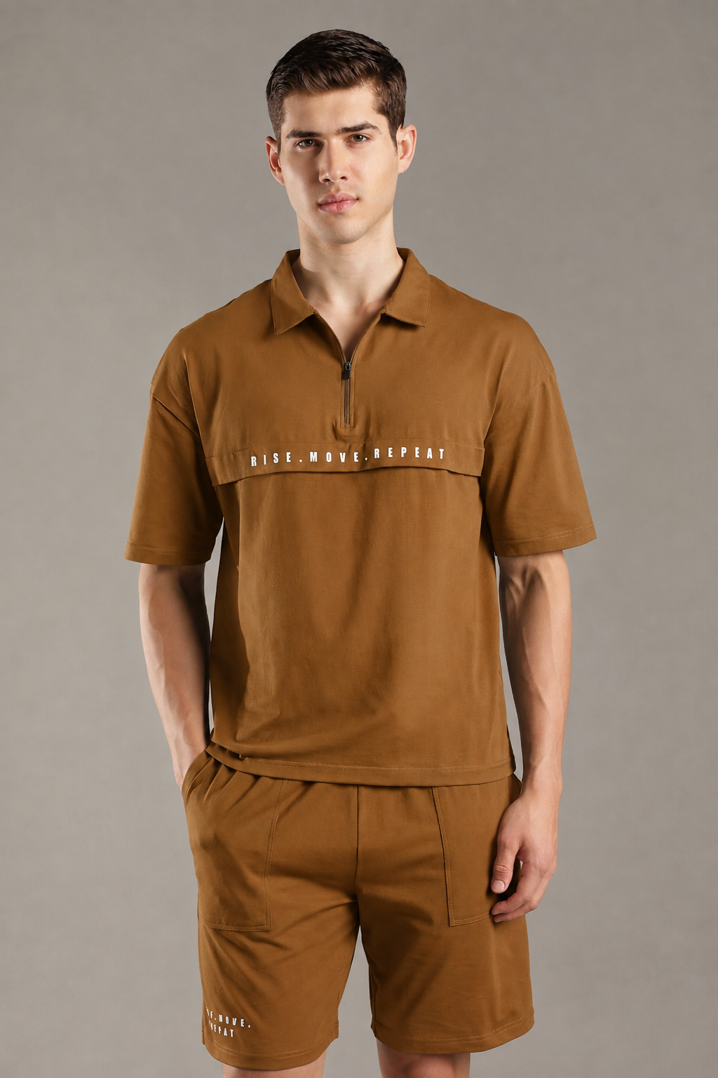 Dropped Shoulder Half-Zip Polo T Shirt with minimal graphic print