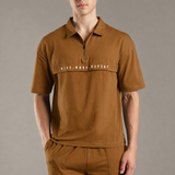 Dropped Shoulder Half-Zip Polo T Shirt with minimal graphic print