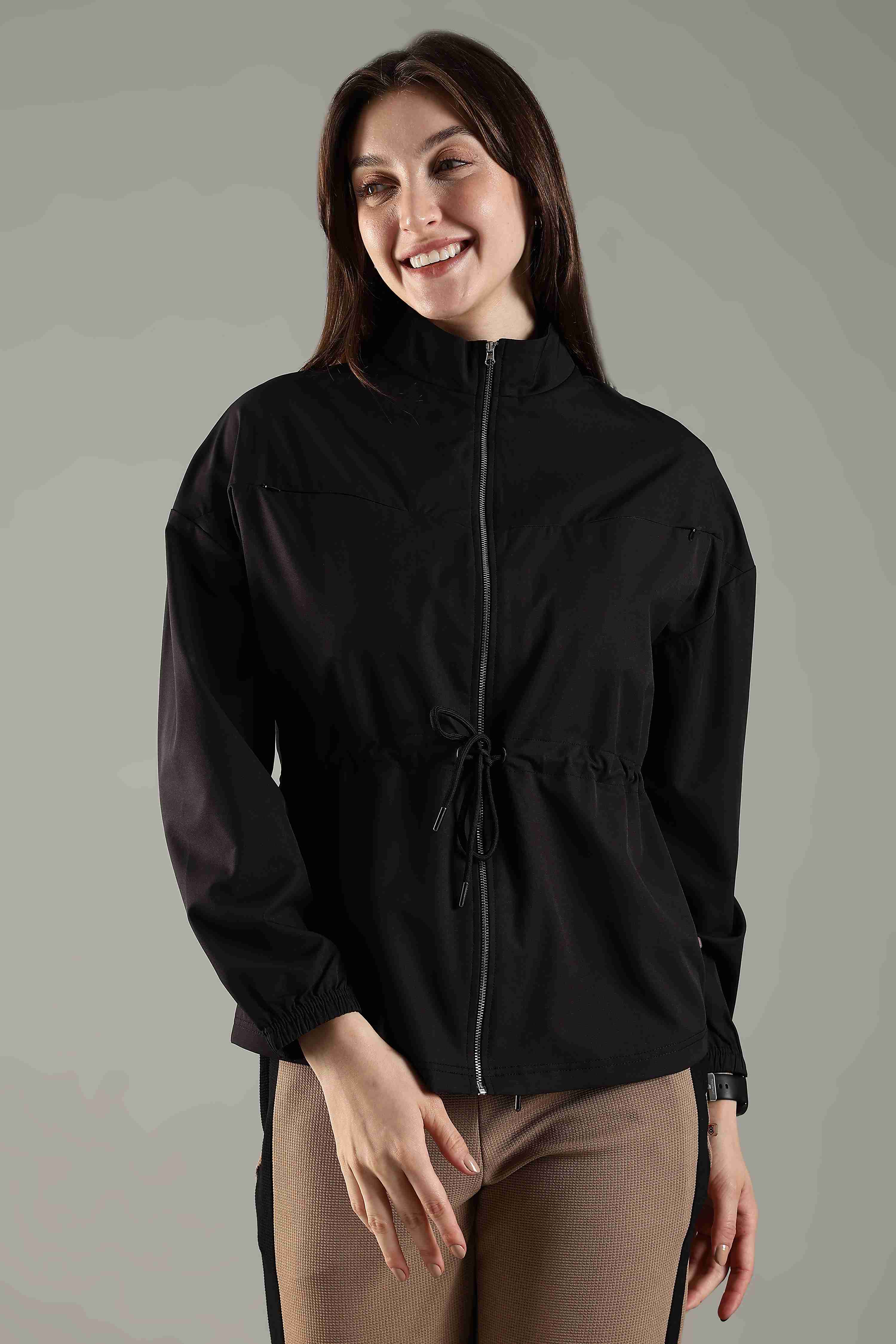 Women's Woven Jacket with High Neck & Zipper Opening