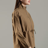 Women's Woven Jacket with High V-Neck & Zipper Opening