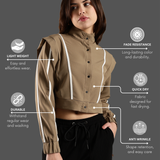 Women's Snap Button Crop Jacket with Elastic Drawstring