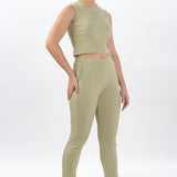 Womens Cotton Crop Top and draw string side pocket Jogger (Light Green)