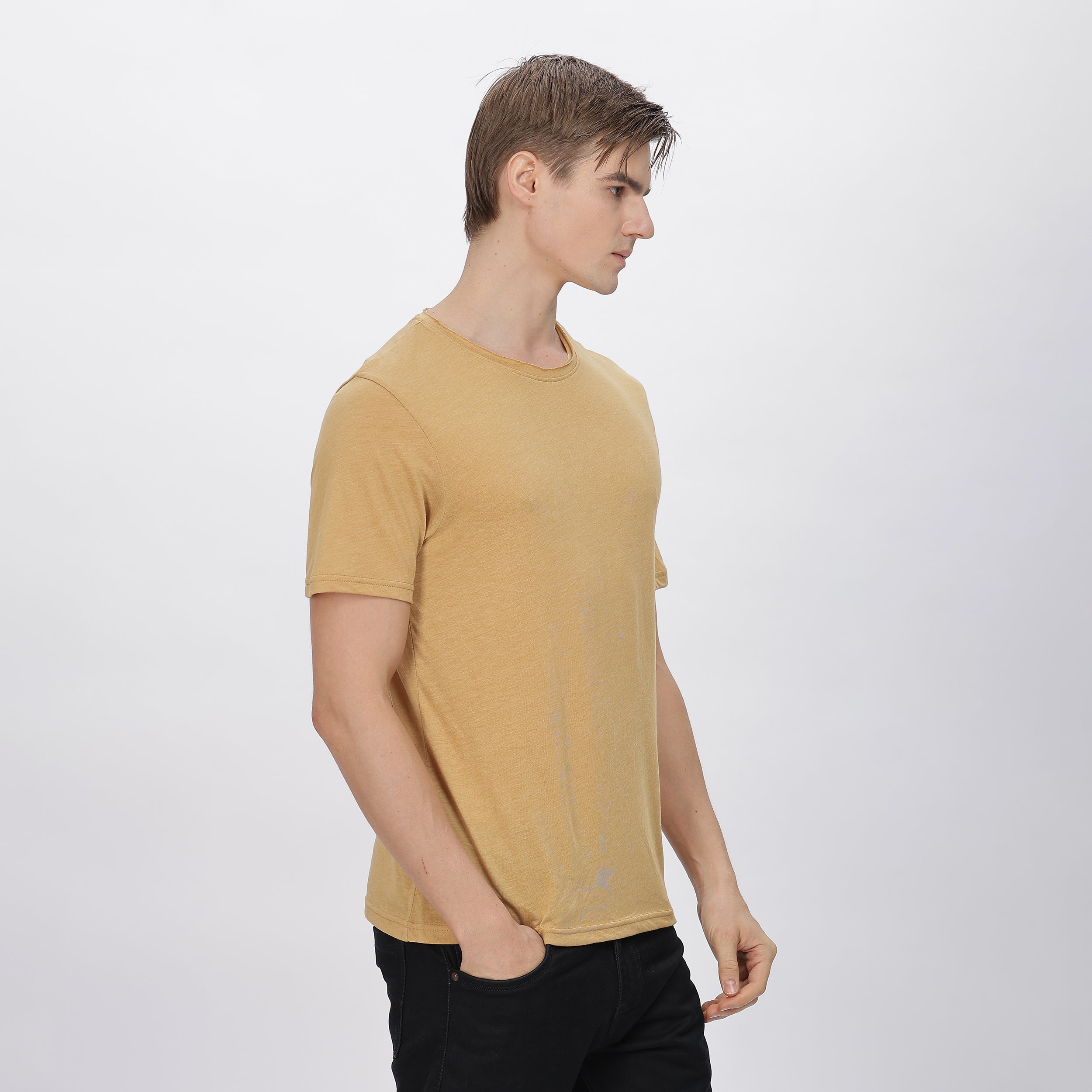 Versatile beige polyester shirt for men, suitable for work, travel, and casual outings.