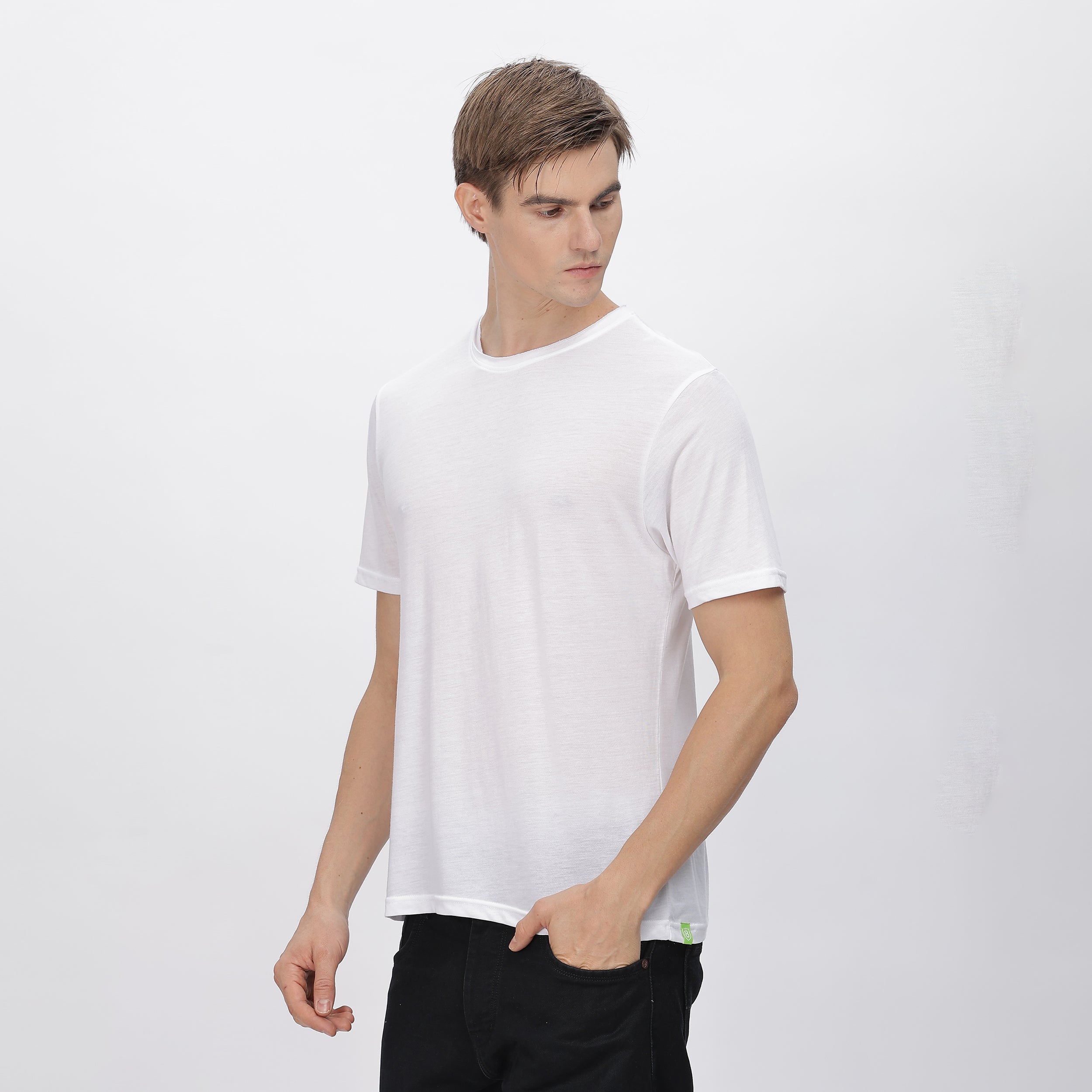 Left Side view Men's tencil polyester White t-shirt – ultra-soft and smooth finish